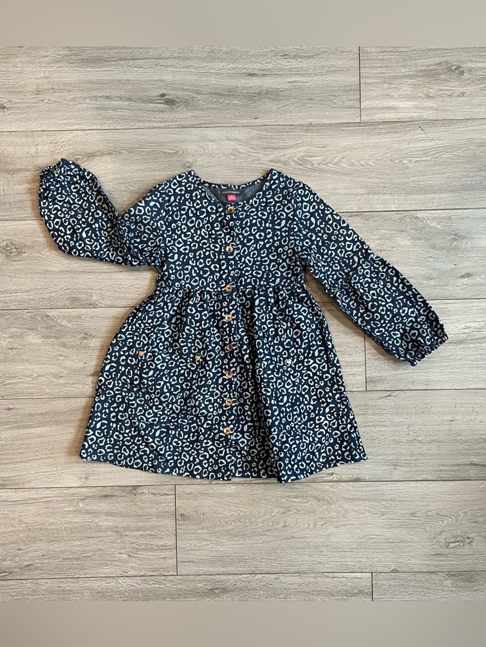 VINCE CAMUTO Girls Navy Leopard Print Button-Front Dress, 4T